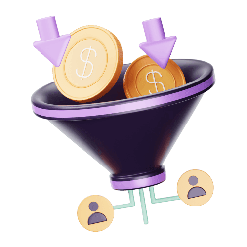 A purple funnel with coins and downward arrows entering the top, showing money being filtered, with two user icons connected by lines at the bottom—illustrating how you make money and get target clients with ringfence SEO strategies.
