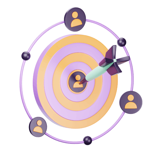 A dart hits the center of a purple and yellow target with a person icon, surrounded by four person icons connected by a circular orbit—symbolizing Exclusive Market Control in your SEO strategy.