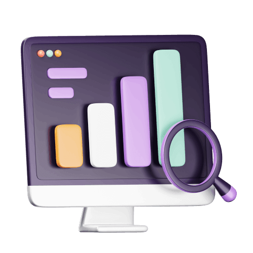 3D illustration of a computer monitor displaying a colorful bar graph with four vertical bars and a magnifying glass in front, symbolizing data analysis or real results with Ringfence SEO Exclusive.